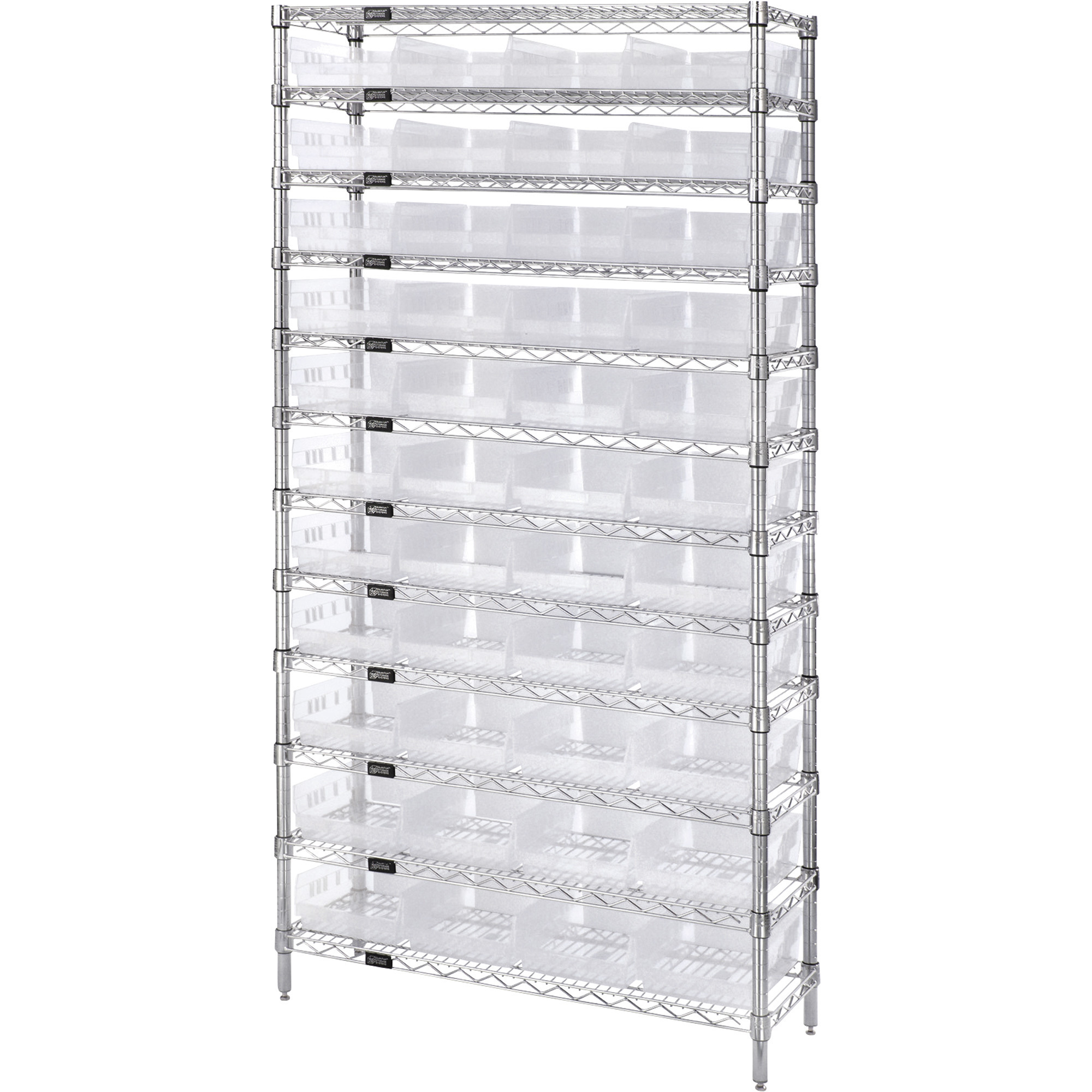 Quantum Storage Complete Single Side Wire Shelving Unit with 44 Bins, 36in.W x 12in.D x 74in.H, Clear, Model# WR12-107CL